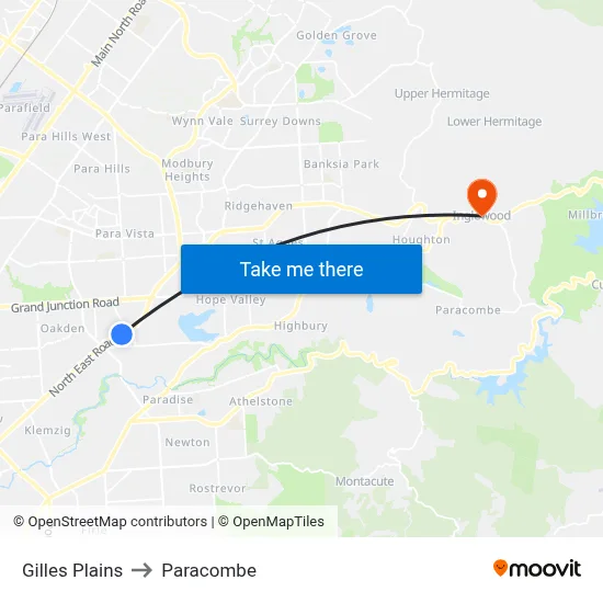 Gilles Plains to Paracombe map