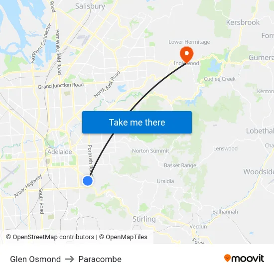 Glen Osmond to Paracombe map