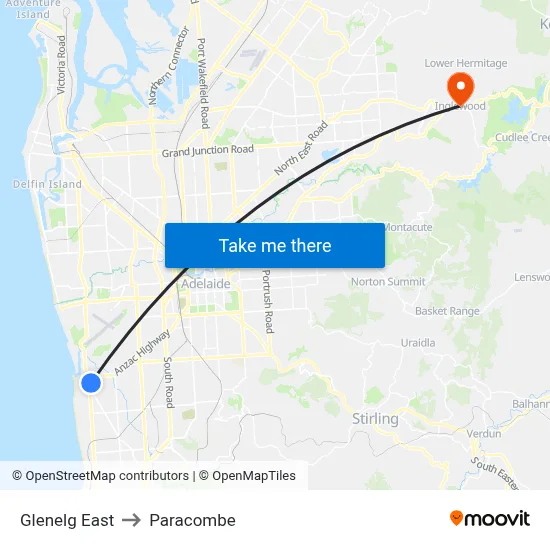 Glenelg East to Paracombe map