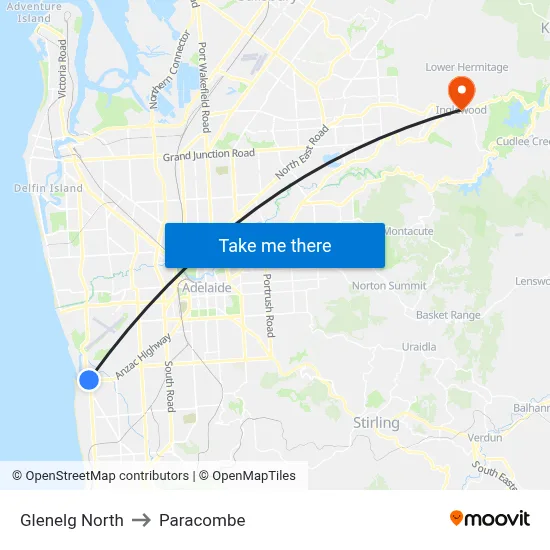 Glenelg North to Paracombe map