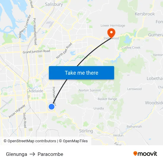 Glenunga to Paracombe map