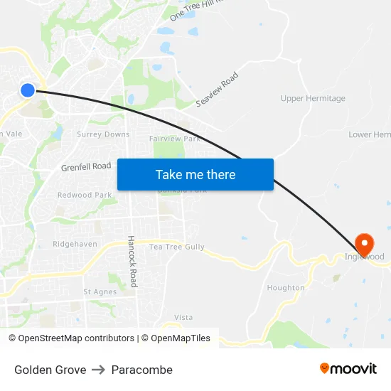 Golden Grove to Paracombe map