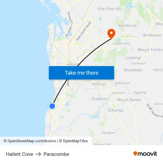 Hallett Cove to Paracombe map