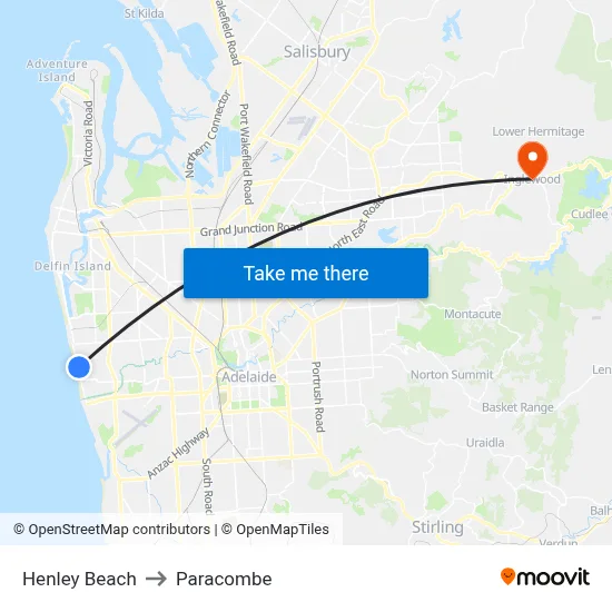 Henley Beach to Paracombe map