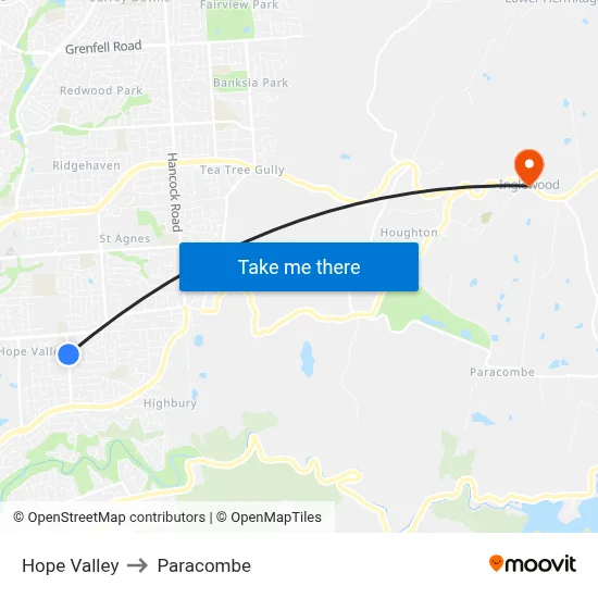 Hope Valley to Paracombe map