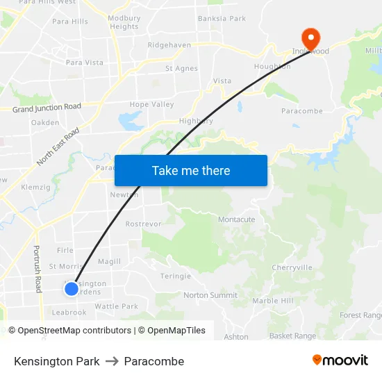 Kensington Park to Paracombe map