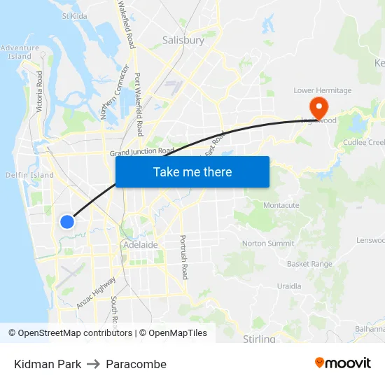 Kidman Park to Paracombe map