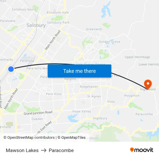 Mawson Lakes to Paracombe map