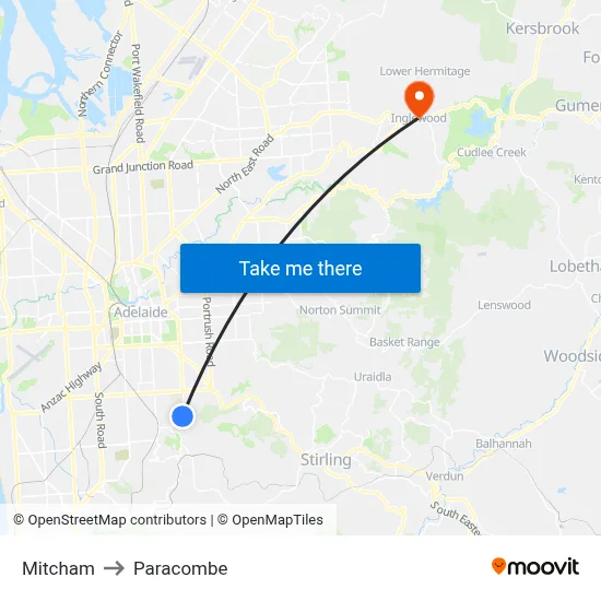 Mitcham to Paracombe map