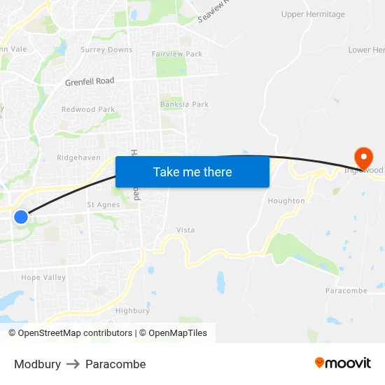 Modbury to Paracombe map