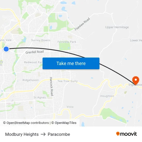 Modbury Heights to Paracombe map