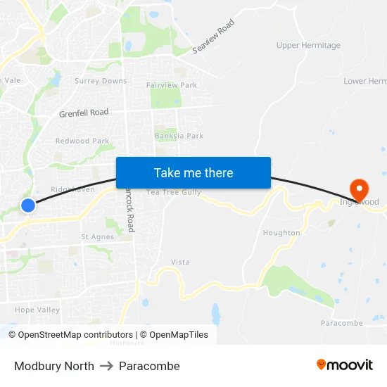 Modbury North to Paracombe map