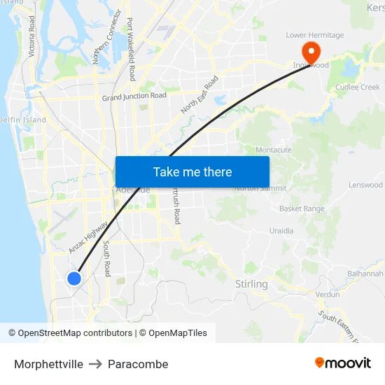 Morphettville to Paracombe map