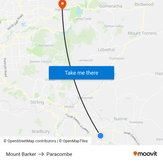 Mount Barker to Paracombe map