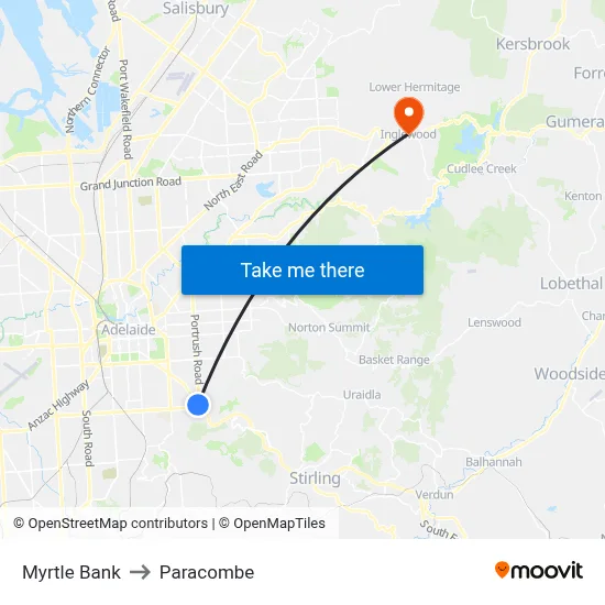 Myrtle Bank to Paracombe map