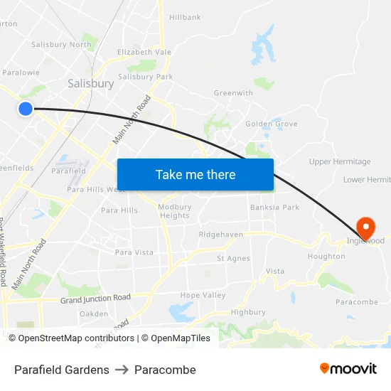 Parafield Gardens to Paracombe map