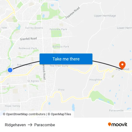 Ridgehaven to Paracombe map
