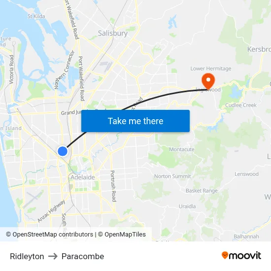 Ridleyton to Paracombe map