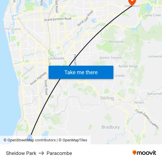 Sheidow Park to Paracombe map