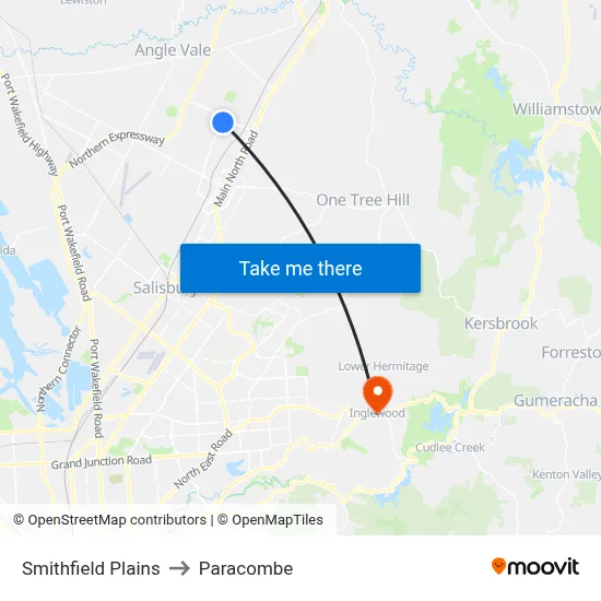 Smithfield Plains to Paracombe map