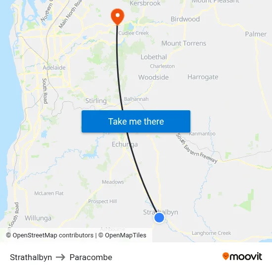 Strathalbyn to Paracombe map