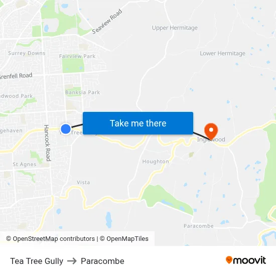 Tea Tree Gully to Paracombe map