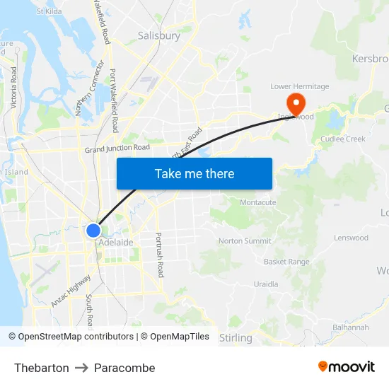 Thebarton to Paracombe map