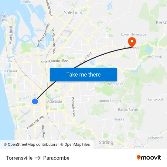 Torrensville to Paracombe map