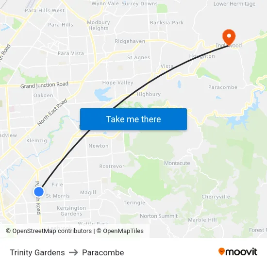 Trinity Gardens to Paracombe map