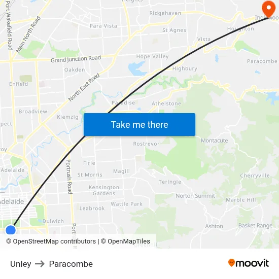 Unley to Paracombe map