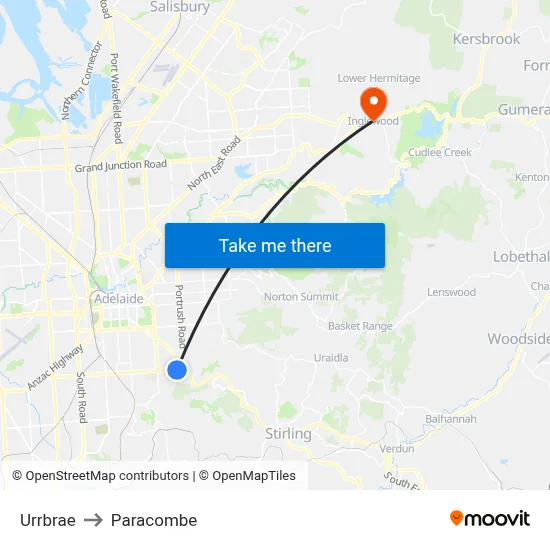 Urrbrae to Paracombe map