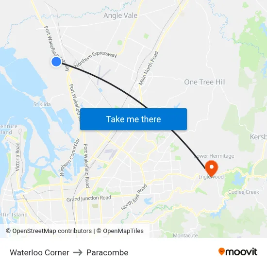 Waterloo Corner to Paracombe map