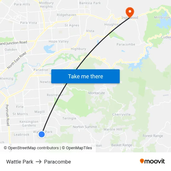 Wattle Park to Paracombe map