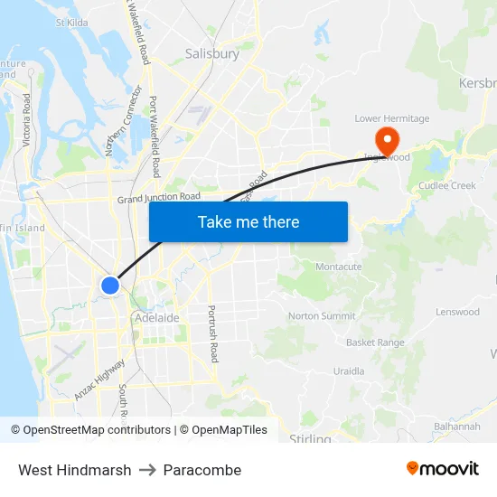 West Hindmarsh to Paracombe map