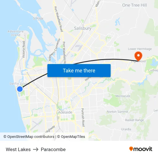 West Lakes to Paracombe map