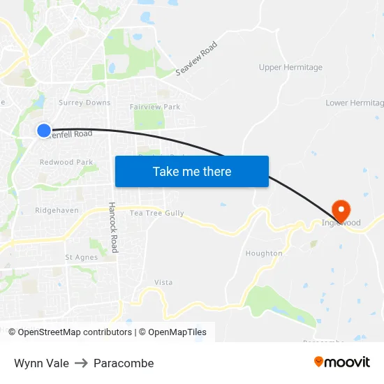 Wynn Vale to Paracombe map