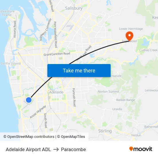 Adelaide Airport ADL to Paracombe map