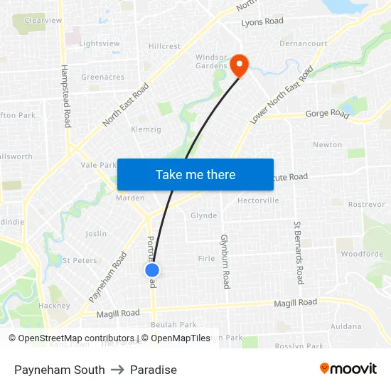 Payneham South to Paradise map