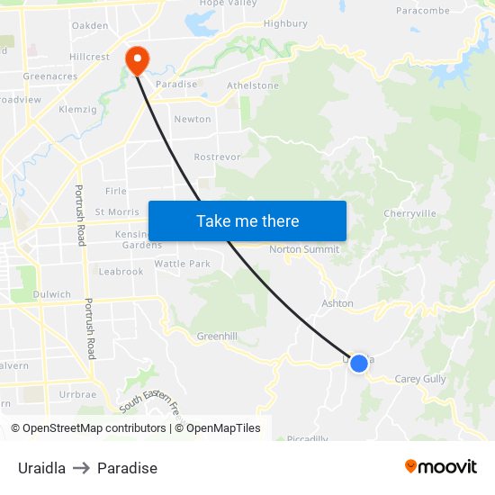 Uraidla to Paradise map
