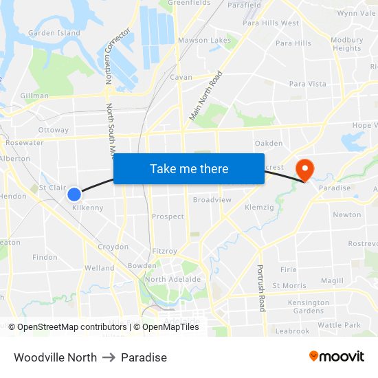 Woodville North to Paradise map