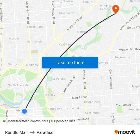 Rundle Mall to Paradise map