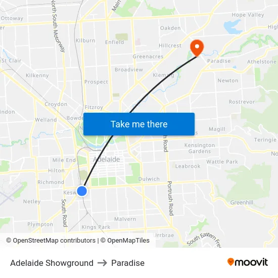Adelaide Showground to Paradise map