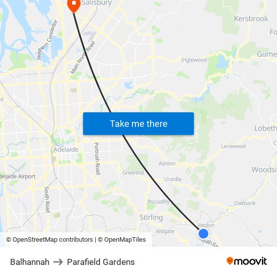 Balhannah to Parafield Gardens map