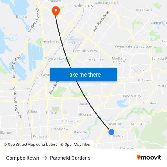 Campbelltown to Parafield Gardens map