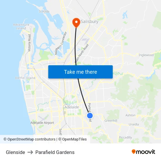 Glenside to Parafield Gardens map