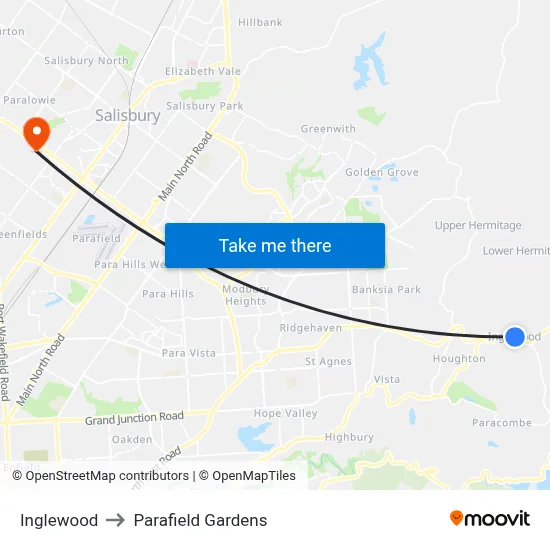 Inglewood to Parafield Gardens map