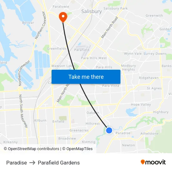 Paradise to Parafield Gardens map