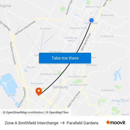 Zone A Smithfield Interchange to Parafield Gardens map