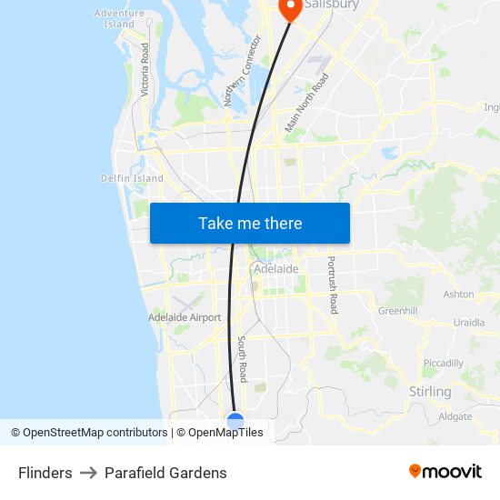 Flinders to Parafield Gardens map