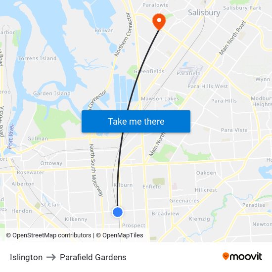 Islington to Parafield Gardens map